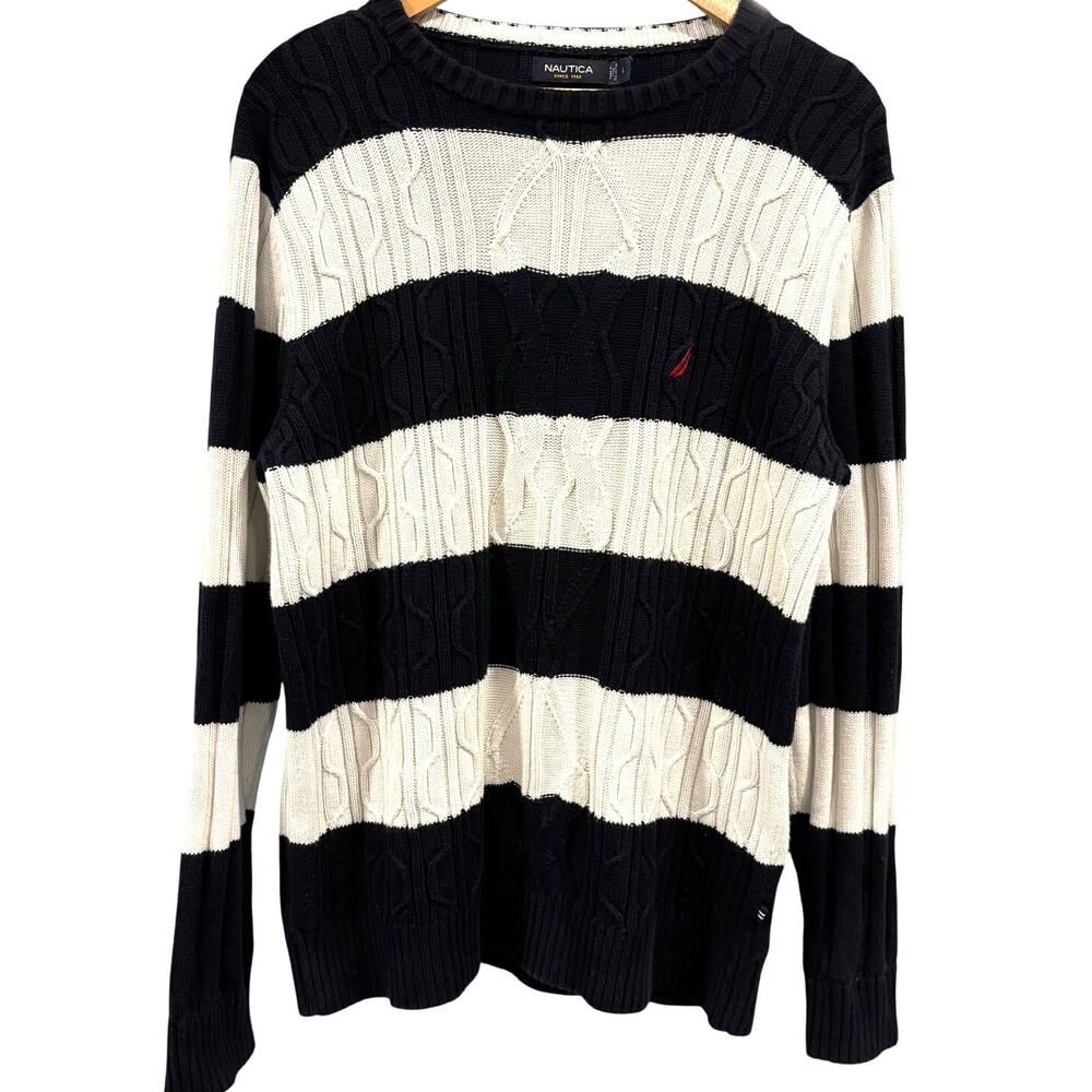 Nautica Vintage 90s Striped Cable Knit Crewneck Sweater Navy White Men's Large